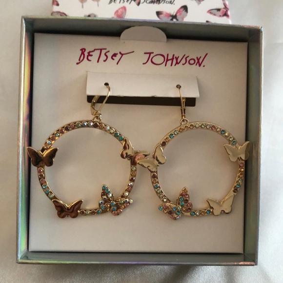Betsey Johnson Gold Tone Gypsy Hoop Earrings Butterfly & Pastel Crystal Accents - Picture 3 of 12